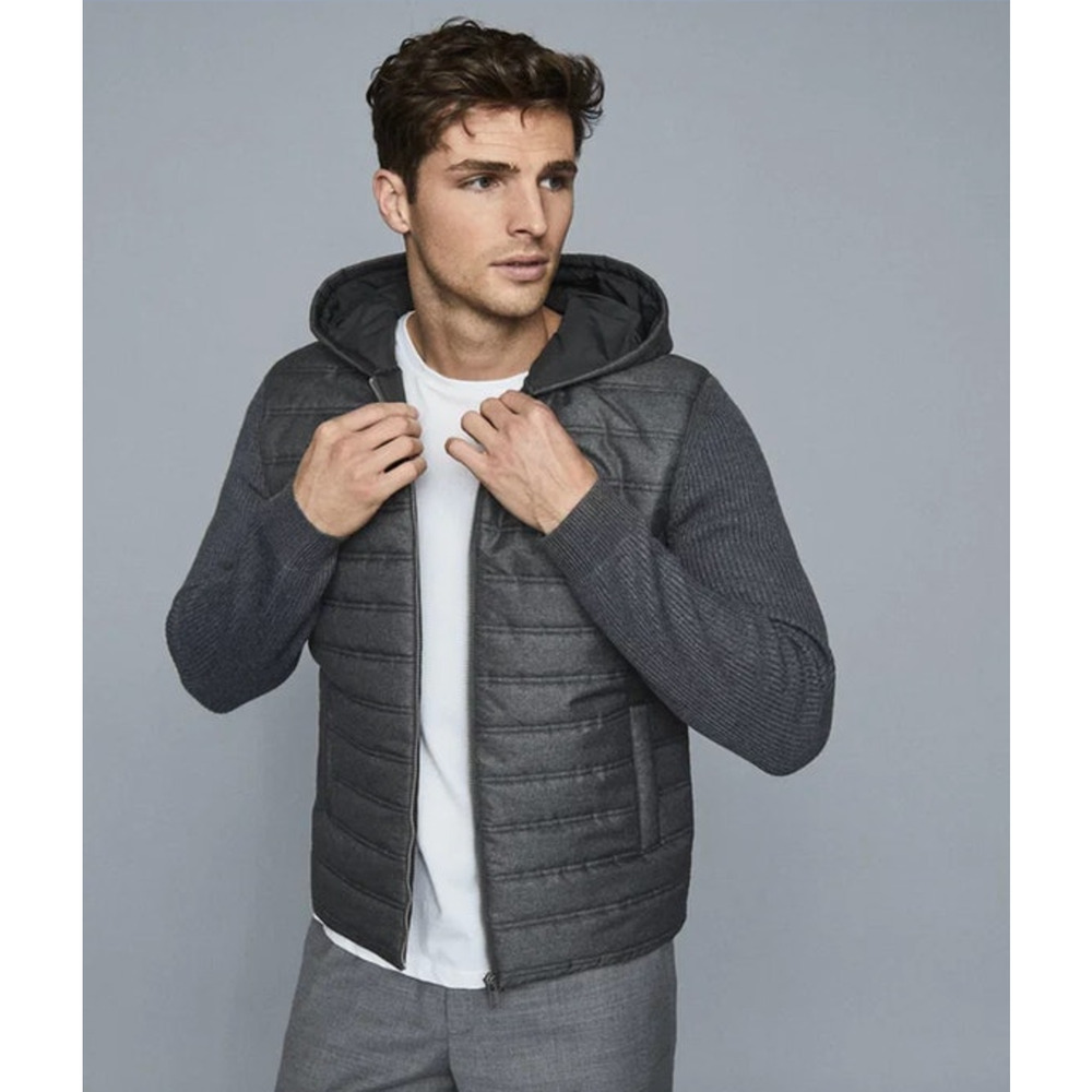 REISS Coat Size L NEW Mens Gray Gamble Quilted Zip Through Hoodie $330